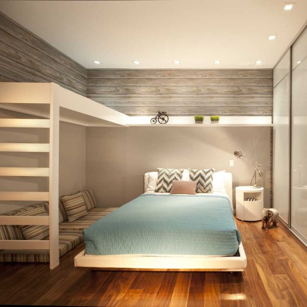 Bedroom renovation Dubai with floor-to-ceiling built-in wardrobes and floating shelves