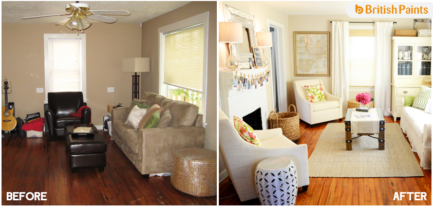 Before-and-after comparison of the villa living room