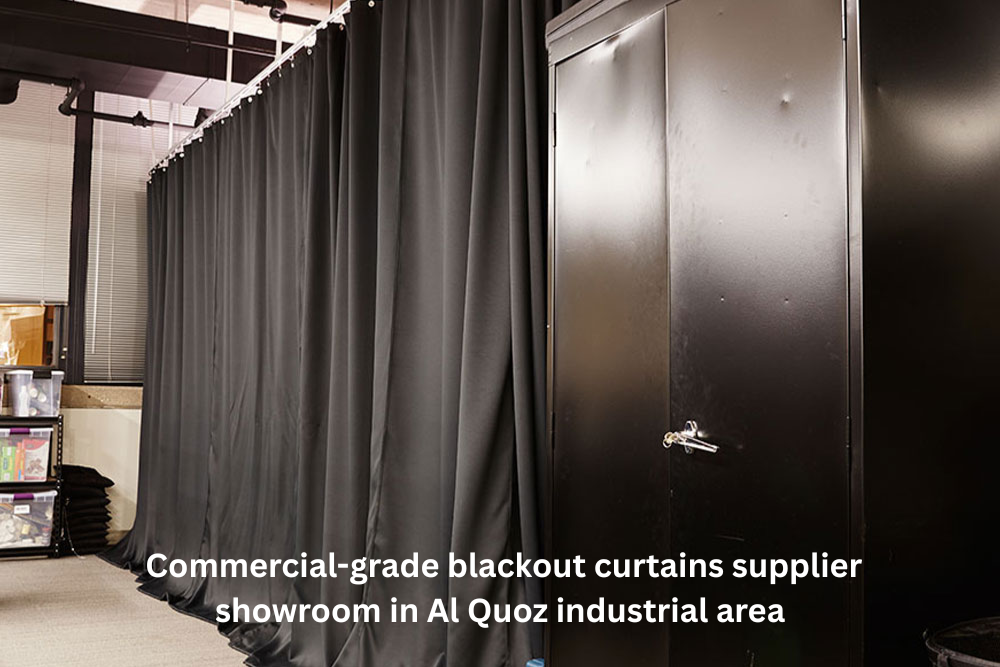 Commercial-grade blackout curtains supplier showroom in Al Quoz industrial area